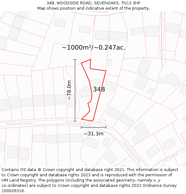 34B, WOODSIDE ROAD, SEVENOAKS, TN13 3HF: Plot and title map