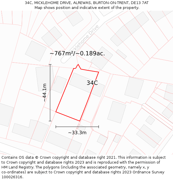 34C, MICKLEHOME DRIVE, ALREWAS, BURTON-ON-TRENT, DE13 7AT: Plot and title map