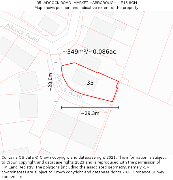35, ADCOCK ROAD, MARKET HARBOROUGH, LE16 8GN: Plot and title map