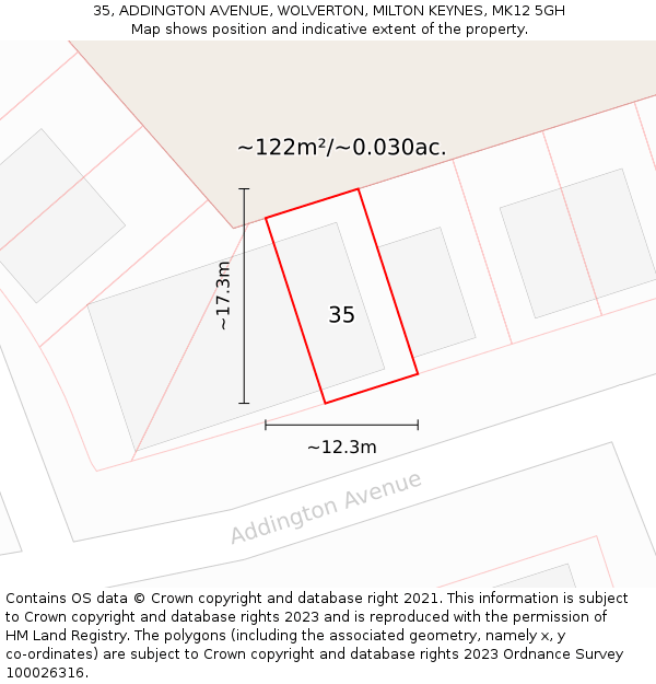 35, ADDINGTON AVENUE, WOLVERTON, MILTON KEYNES, MK12 5GH: Plot and title map