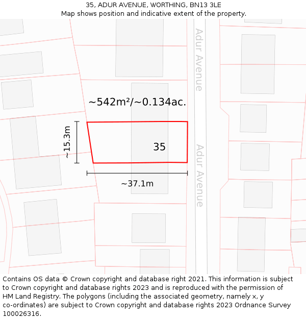 35, ADUR AVENUE, WORTHING, BN13 3LE: Plot and title map