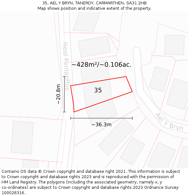 35, AEL Y BRYN, TANERDY, CARMARTHEN, SA31 2HB: Plot and title map