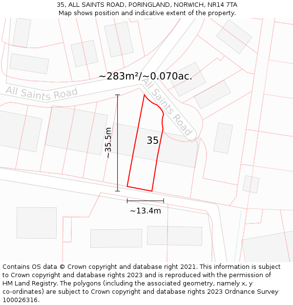 35, ALL SAINTS ROAD, PORINGLAND, NORWICH, NR14 7TA: Plot and title map