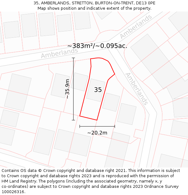 35, AMBERLANDS, STRETTON, BURTON-ON-TRENT, DE13 0PE: Plot and title map