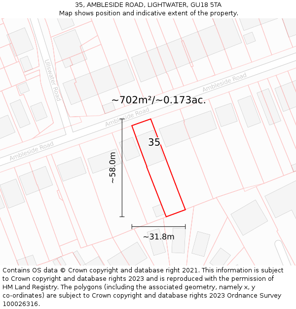 35, AMBLESIDE ROAD, LIGHTWATER, GU18 5TA: Plot and title map