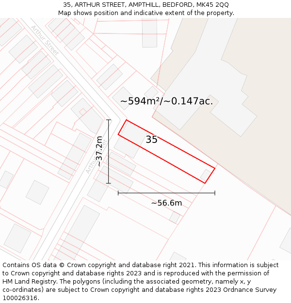 35, ARTHUR STREET, AMPTHILL, BEDFORD, MK45 2QQ: Plot and title map