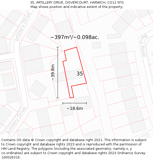 35, ARTILLERY DRIVE, DOVERCOURT, HARWICH, CO12 5FG: Plot and title map