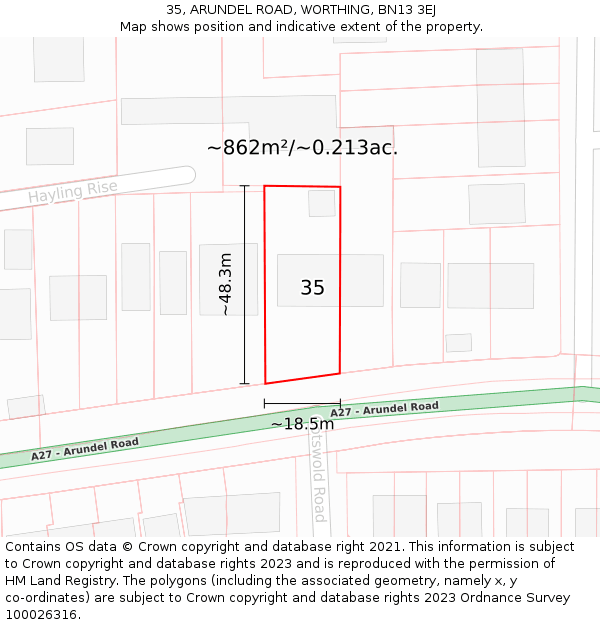 35, ARUNDEL ROAD, WORTHING, BN13 3EJ: Plot and title map