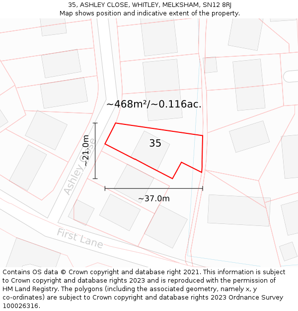 35, ASHLEY CLOSE, WHITLEY, MELKSHAM, SN12 8RJ: Plot and title map