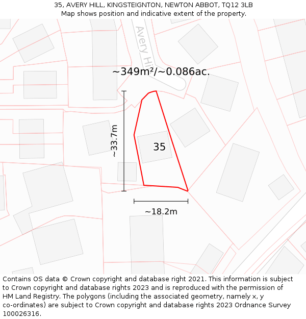 35, AVERY HILL, KINGSTEIGNTON, NEWTON ABBOT, TQ12 3LB: Plot and title map