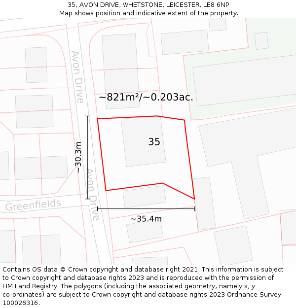 35, AVON DRIVE, WHETSTONE, LEICESTER, LE8 6NP: Plot and title map
