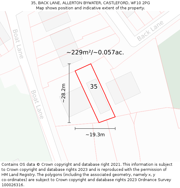 35, BACK LANE, ALLERTON BYWATER, CASTLEFORD, WF10 2PG: Plot and title map