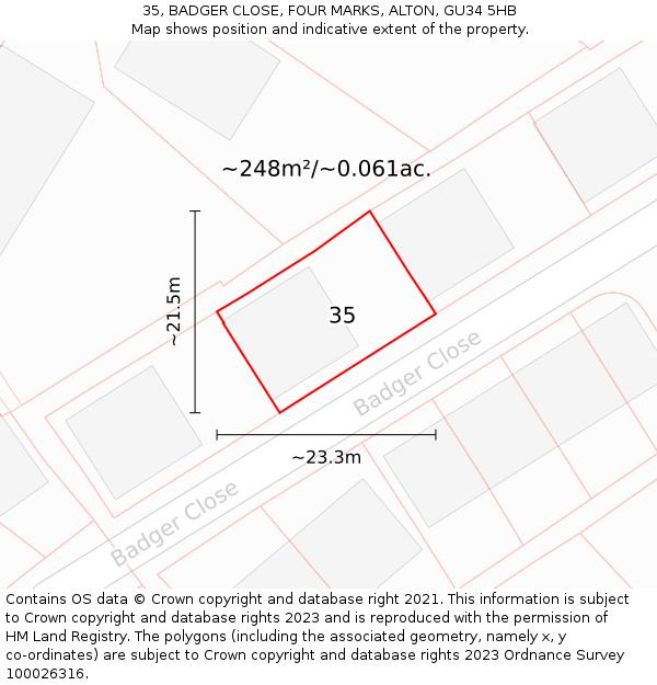 35, BADGER CLOSE, FOUR MARKS, ALTON, GU34 5HB: Plot and title map