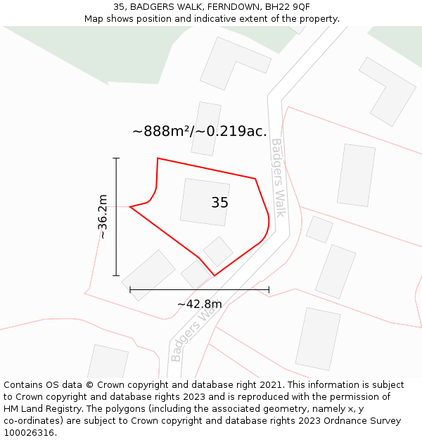 35, BADGERS WALK, FERNDOWN, BH22 9QF: Plot and title map