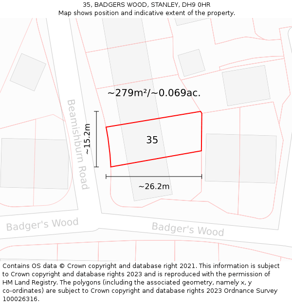 35, BADGERS WOOD, STANLEY, DH9 0HR: Plot and title map