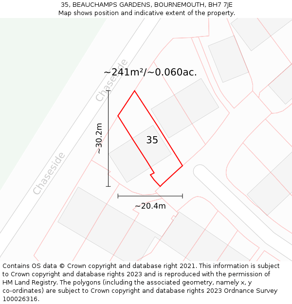 35, BEAUCHAMPS GARDENS, BOURNEMOUTH, BH7 7JE: Plot and title map