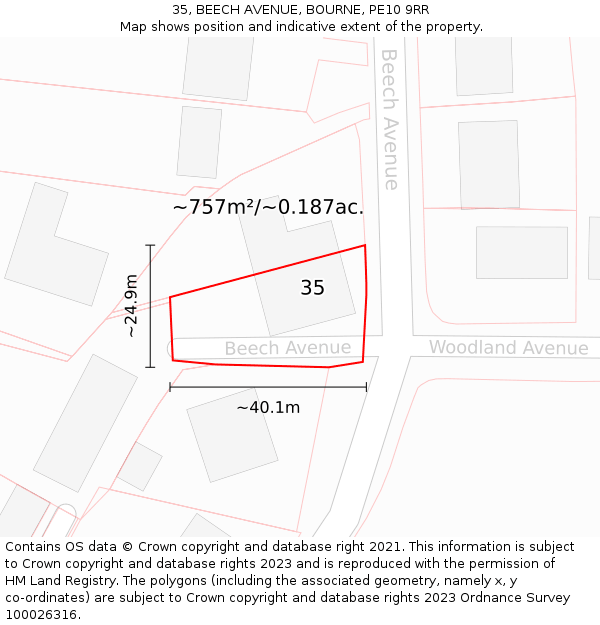 35, BEECH AVENUE, BOURNE, PE10 9RR: Plot and title map