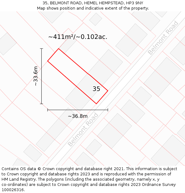 35, BELMONT ROAD, HEMEL HEMPSTEAD, HP3 9NY: Plot and title map