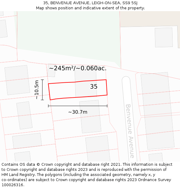 35, BENVENUE AVENUE, LEIGH-ON-SEA, SS9 5SJ: Plot and title map