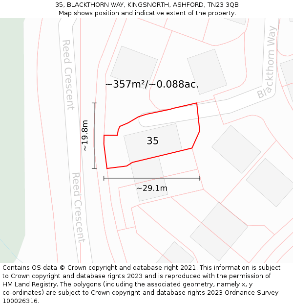 35, BLACKTHORN WAY, KINGSNORTH, ASHFORD, TN23 3QB: Plot and title map