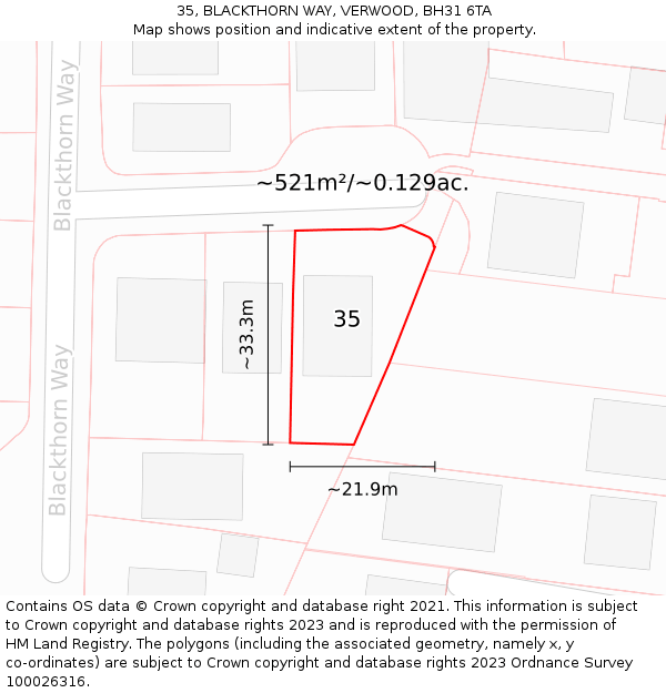 35, BLACKTHORN WAY, VERWOOD, BH31 6TA: Plot and title map