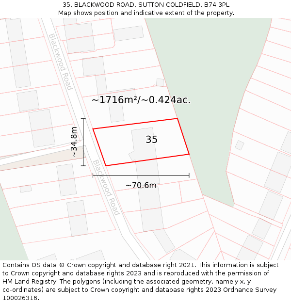 35, BLACKWOOD ROAD, SUTTON COLDFIELD, B74 3PL: Plot and title map