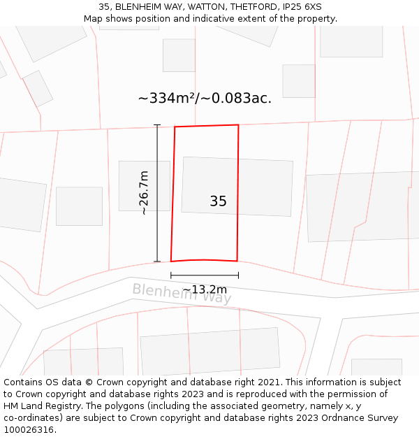 35, BLENHEIM WAY, WATTON, THETFORD, IP25 6XS: Plot and title map