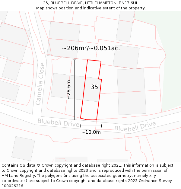 35, BLUEBELL DRIVE, LITTLEHAMPTON, BN17 6UL: Plot and title map