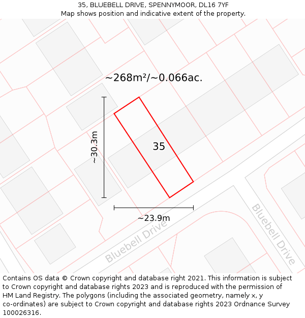 35, BLUEBELL DRIVE, SPENNYMOOR, DL16 7YF: Plot and title map