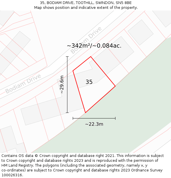 35, BODIAM DRIVE, TOOTHILL, SWINDON, SN5 8BE: Plot and title map