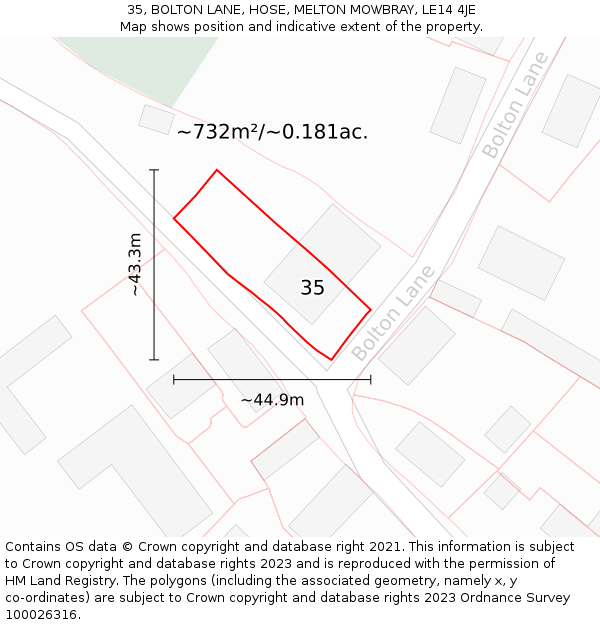 35, BOLTON LANE, HOSE, MELTON MOWBRAY, LE14 4JE: Plot and title map