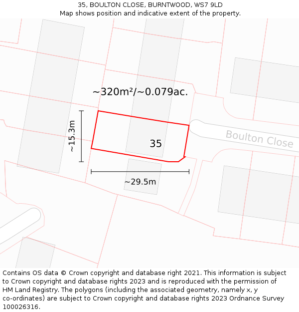 35, BOULTON CLOSE, BURNTWOOD, WS7 9LD: Plot and title map