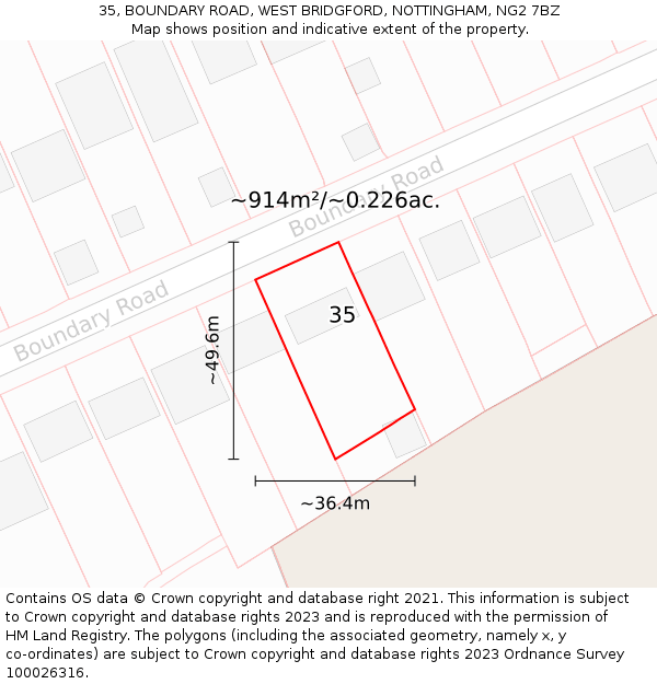 35, BOUNDARY ROAD, WEST BRIDGFORD, NOTTINGHAM, NG2 7BZ: Plot and title map