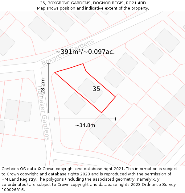 35, BOXGROVE GARDENS, BOGNOR REGIS, PO21 4BB: Plot and title map