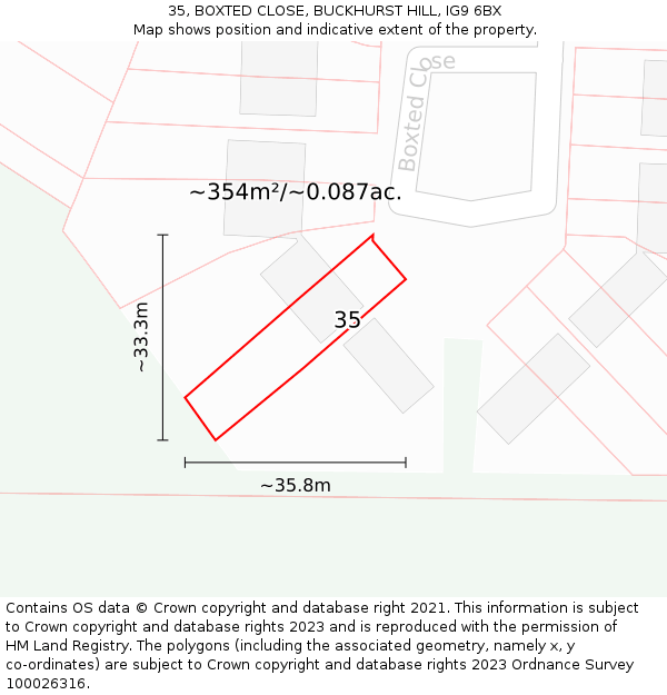 35, BOXTED CLOSE, BUCKHURST HILL, IG9 6BX: Plot and title map