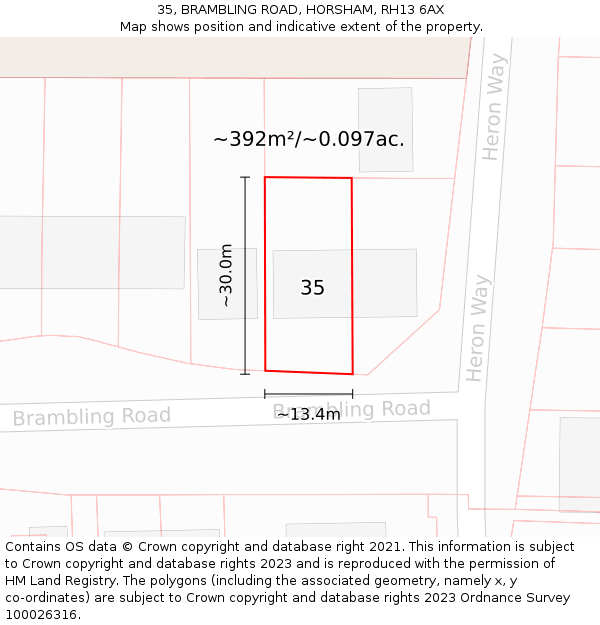 35, BRAMBLING ROAD, HORSHAM, RH13 6AX: Plot and title map