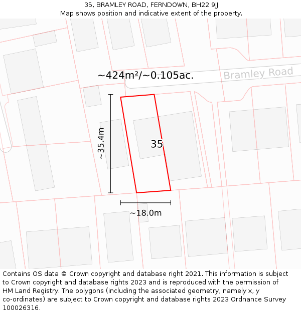 35, BRAMLEY ROAD, FERNDOWN, BH22 9JJ: Plot and title map