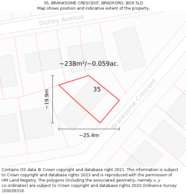 35, BRANKSOME CRESCENT, BRADFORD, BD9 5LD: Plot and title map