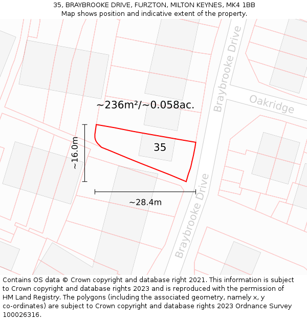 35, BRAYBROOKE DRIVE, FURZTON, MILTON KEYNES, MK4 1BB: Plot and title map