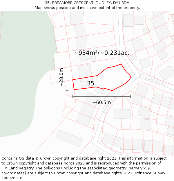 35, BREAMORE CRESCENT, DUDLEY, DY1 3DA: Plot and title map