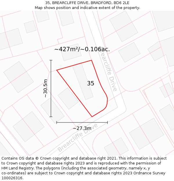 35, BREARCLIFFE DRIVE, BRADFORD, BD6 2LE: Plot and title map