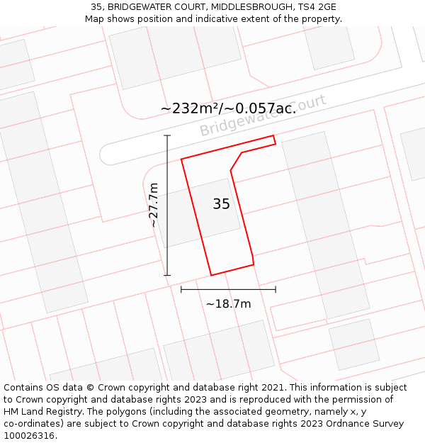35, BRIDGEWATER COURT, MIDDLESBROUGH, TS4 2GE: Plot and title map