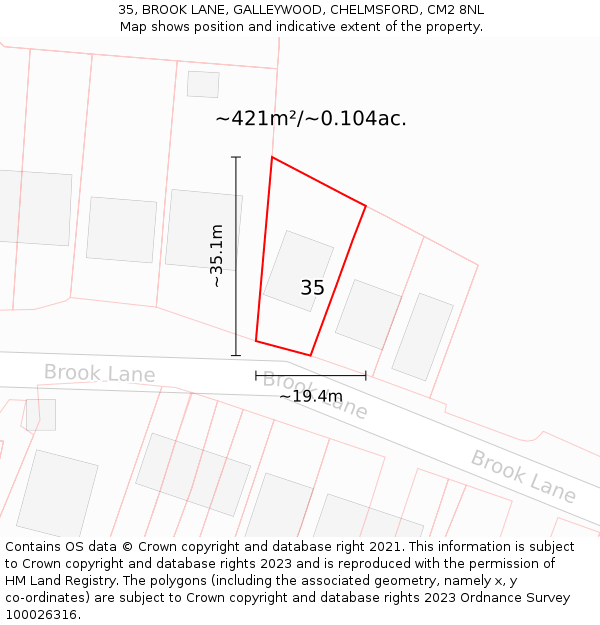 35, BROOK LANE, GALLEYWOOD, CHELMSFORD, CM2 8NL: Plot and title map