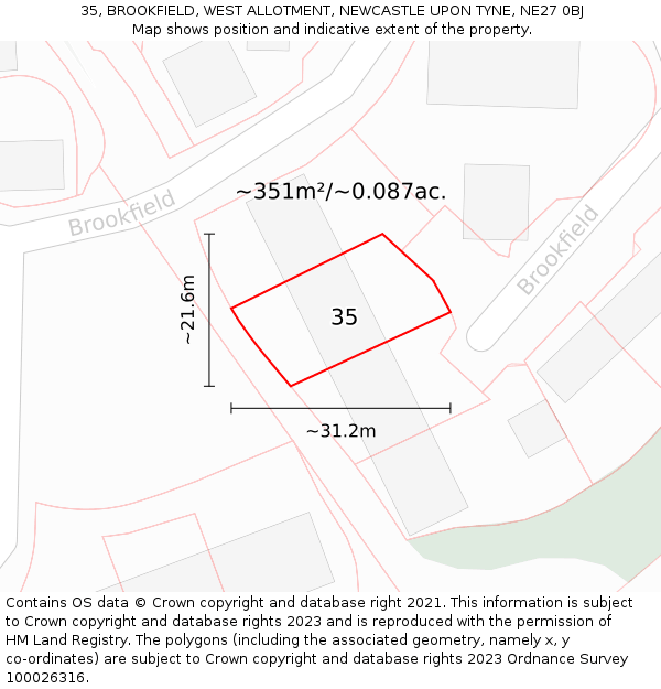 35, BROOKFIELD, WEST ALLOTMENT, NEWCASTLE UPON TYNE, NE27 0BJ: Plot and title map