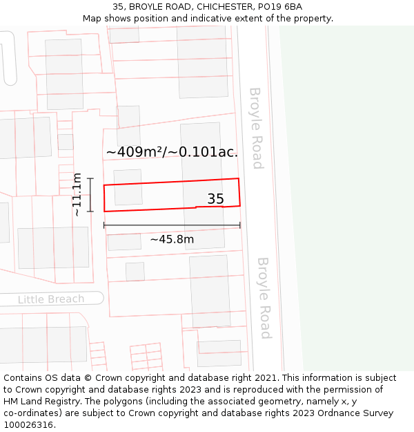 35, BROYLE ROAD, CHICHESTER, PO19 6BA: Plot and title map