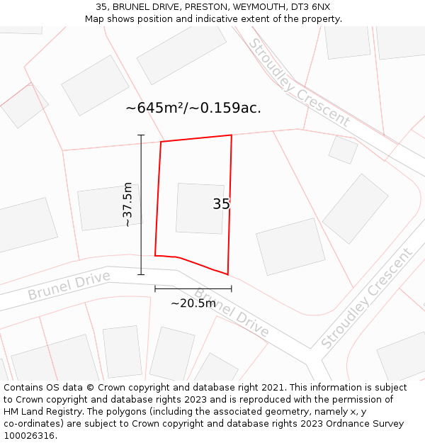 35, BRUNEL DRIVE, PRESTON, WEYMOUTH, DT3 6NX: Plot and title map