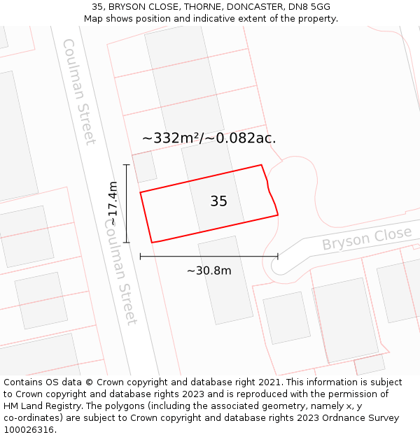 35, BRYSON CLOSE, THORNE, DONCASTER, DN8 5GG: Plot and title map