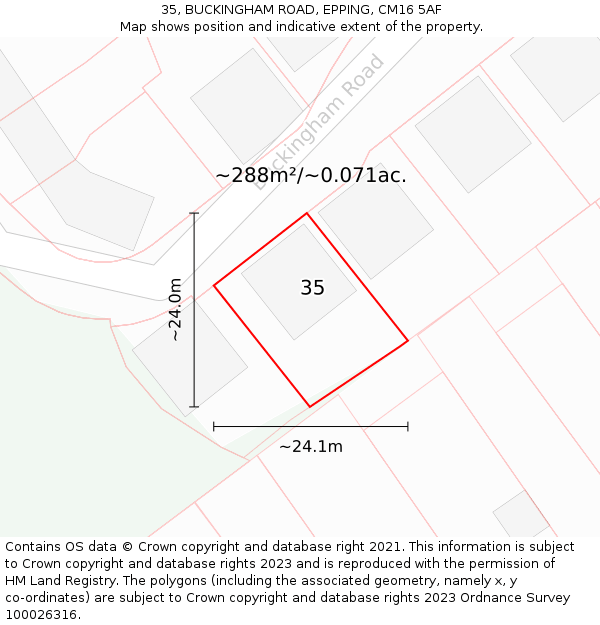 35, BUCKINGHAM ROAD, EPPING, CM16 5AF: Plot and title map