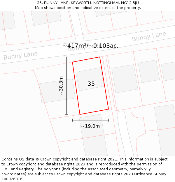 35, BUNNY LANE, KEYWORTH, NOTTINGHAM, NG12 5JU: Plot and title map