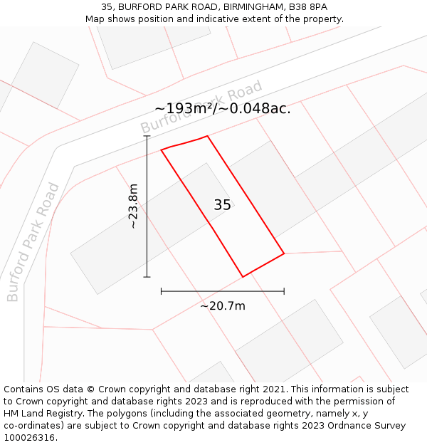 35, BURFORD PARK ROAD, BIRMINGHAM, B38 8PA: Plot and title map